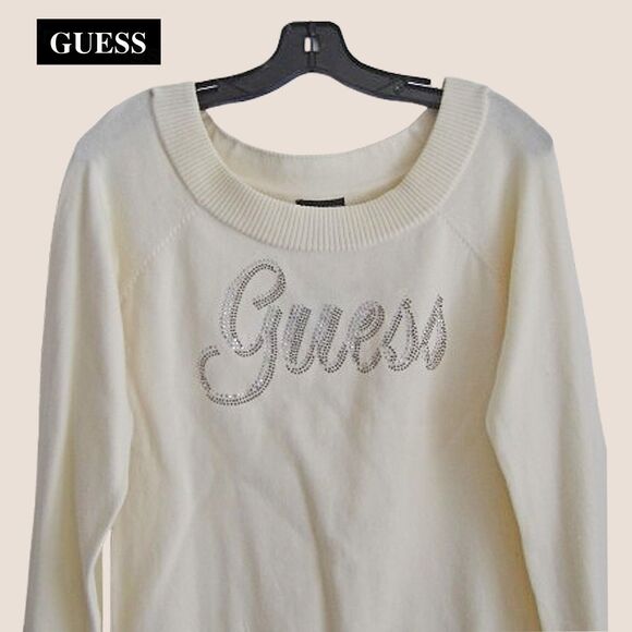 GUESS NEW Old Money Crystals Signature Logo Ribbed Trim Pullover Sweater S - Picture 2 of 12